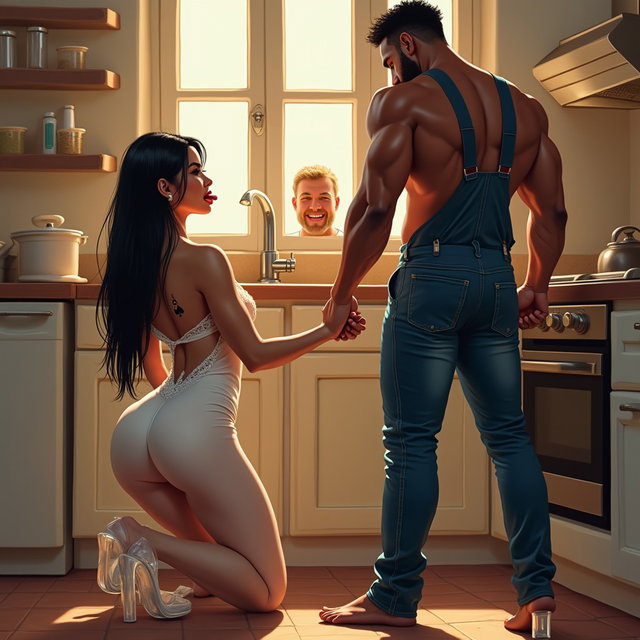 In a vivid kitchen scene, a light-skinned Mexican woman with wide hips and a curvy figure is depicted kneeling provocatively in front of a muscular Black plumber who is standing before her