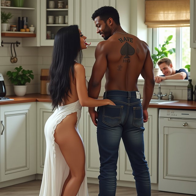 In a stylish kitchen, a light-skinned Mexican woman with wide hips and a voluptuous figure is depicted