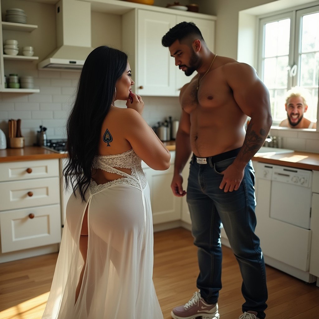 In a dynamic scene, a light-skinned Mexican woman with wide hips, a curvy figure, and thick legs is portrayed