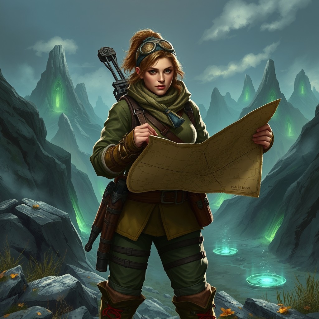 Henna Moorcross, a rugged human lead Riftwatcher scout and skilled cartographer, depicted in a dynamic pose as she surveys a rugged terrain filled with mystical rifts