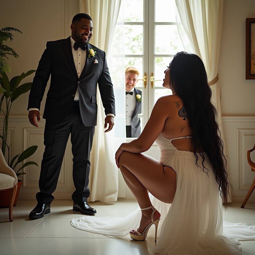 In a vibrant scene, a light-skinned Mexican woman with wide hips, a curvy physique, and thick legs is captured in a striking pose