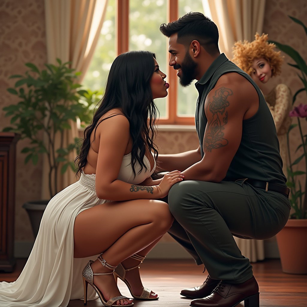 In a playful and provocative scene, a light-skinned Mexican woman with wide hips and a curvy figure is depicted