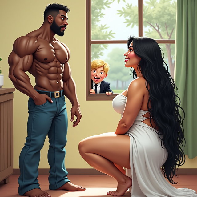 In a lively scene, a light-skinned Mexican woman with wide hips, a curvy figure, and thick legs is depicted