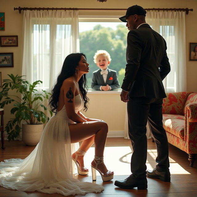 In an intriguing scene, a light-skinned Mexican woman with wide hips, a curvy build, and thick legs is portrayed