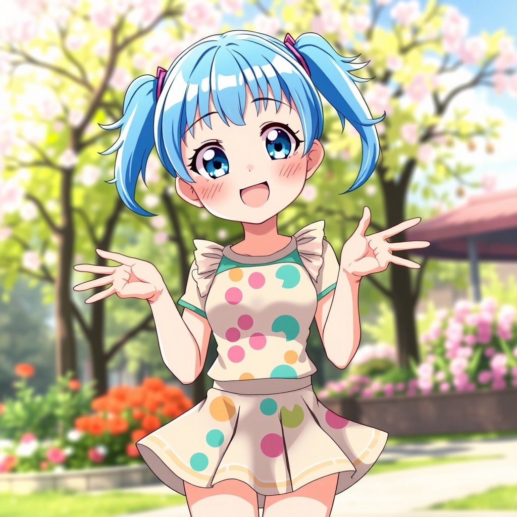 A vibrant anime girl with bright blue hair styled in pigtails, wearing a cute, colorful outfit featuring a flared mini skirt and a fitted top adorned with playful patterns