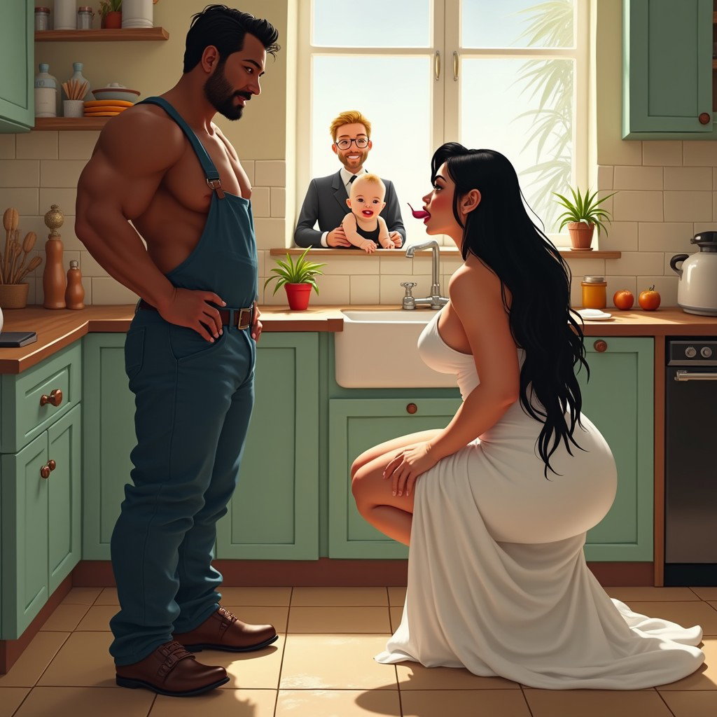 In a lively and charming scene, a light-skinned Mexican woman with wide hips, a curvy build, and thick legs is depicted