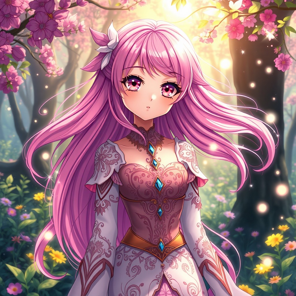 An enchanting anime character with long, flowing pink hair that sparkles as it catches the light