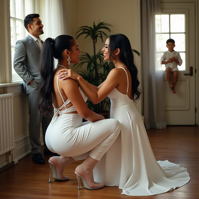 In an engaging scene, a light-skinned Mexican woman with wide hips and a curvy body is portrayed kneeling in a provocative squat in front of a Black plumber who stands confidently before her