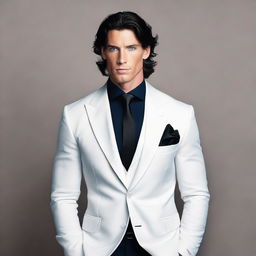 A tall and muscular man with dark blue eyes, white skin, and wavy black hair. He is clad in an elegant suit.