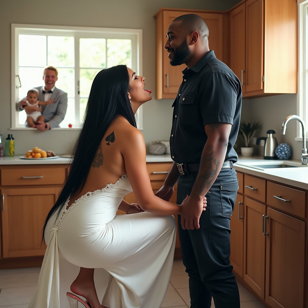 In a lively kitchen scene, a light-skinned Mexican woman with wide hips and a curvy figure is featured