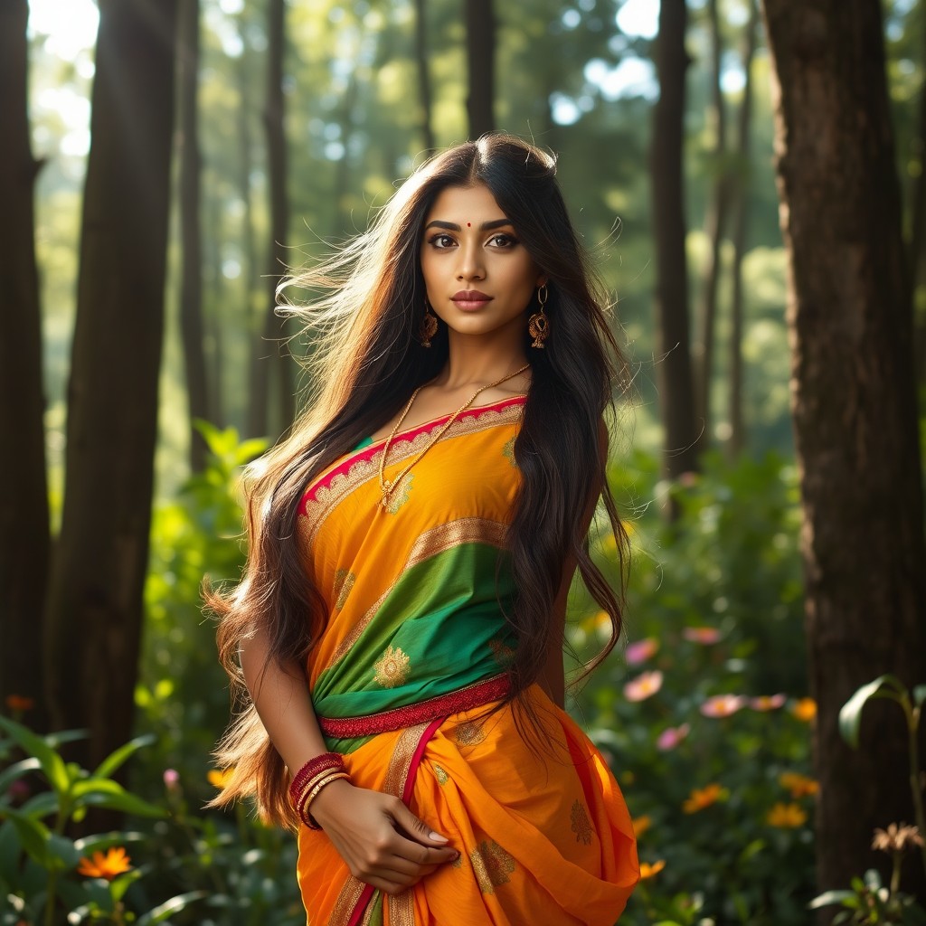 A stunning Indian woman with long, flowing hair, wearing a vibrant, traditional outfit that blends beautifully with the lush green forest surroundings