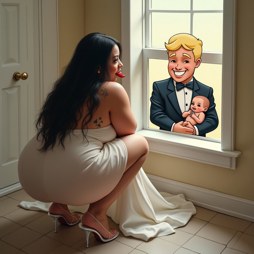 In a lively and playful scene, a light-skinned Mexican woman with wide hips, a curvy physique, and thick legs is depicted