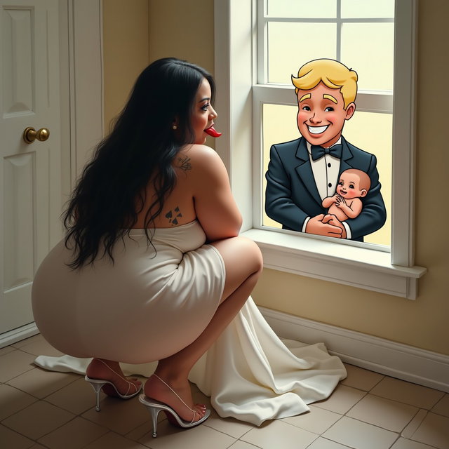 In a lively and playful scene, a light-skinned Mexican woman with wide hips, a curvy physique, and thick legs is depicted