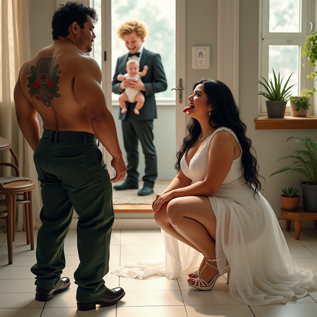 In a playful and vibrant scene, a light-skinned Mexican woman with wide hips, a curvy figure, and thick legs is depicted