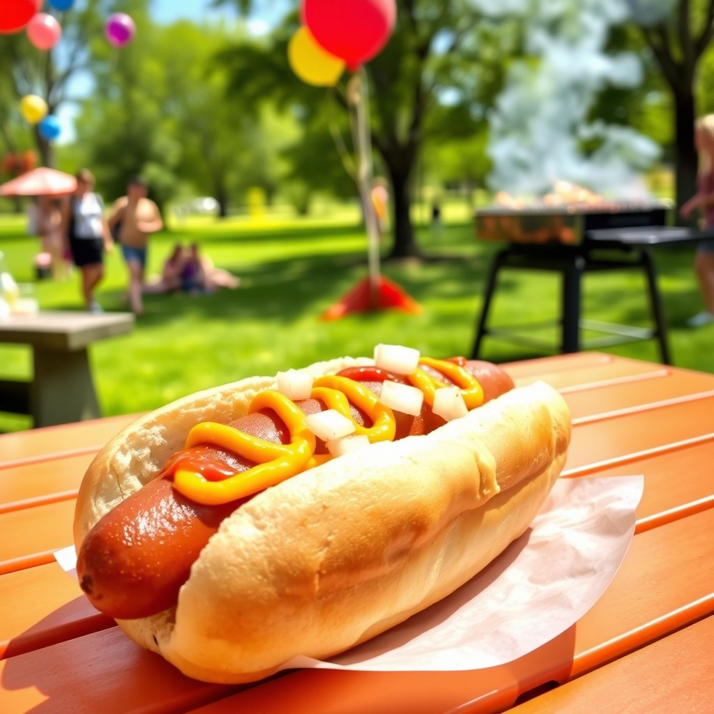 A delicious hot dog served on a fresh bun, garnished with vibrant yellow mustard, rich ketchup, and diced onions
