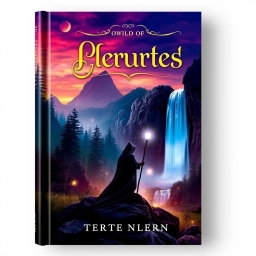 A captivating book cover design featuring an enchanting fantasy landscape with a mystical forest and a majestic waterfall cascading down rocks