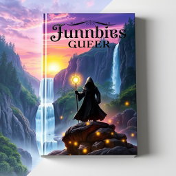 A captivating book cover design featuring an enchanting fantasy landscape with a mystical forest and a majestic waterfall cascading down rocks