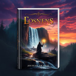 A captivating book cover design featuring an enchanting fantasy landscape with a mystical forest and a majestic waterfall cascading down rocks