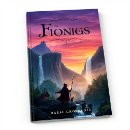 A captivating book cover design featuring an enchanting fantasy landscape with a mystical forest and a majestic waterfall cascading down rocks