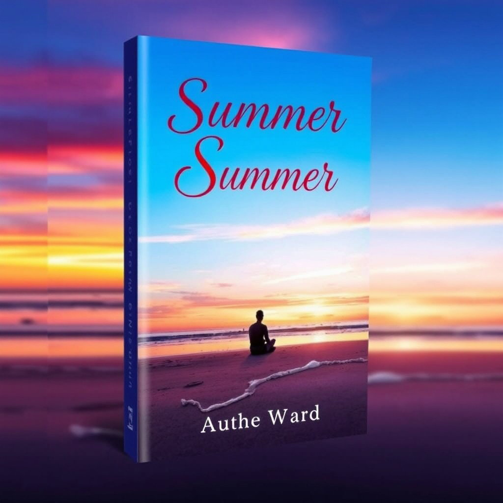 A visually striking book cover design featuring a serene beach at sunset, with gentle waves lapping at the shore