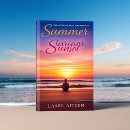 A visually striking book cover design featuring a serene beach at sunset, with gentle waves lapping at the shore