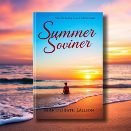 A visually striking book cover design featuring a serene beach at sunset, with gentle waves lapping at the shore