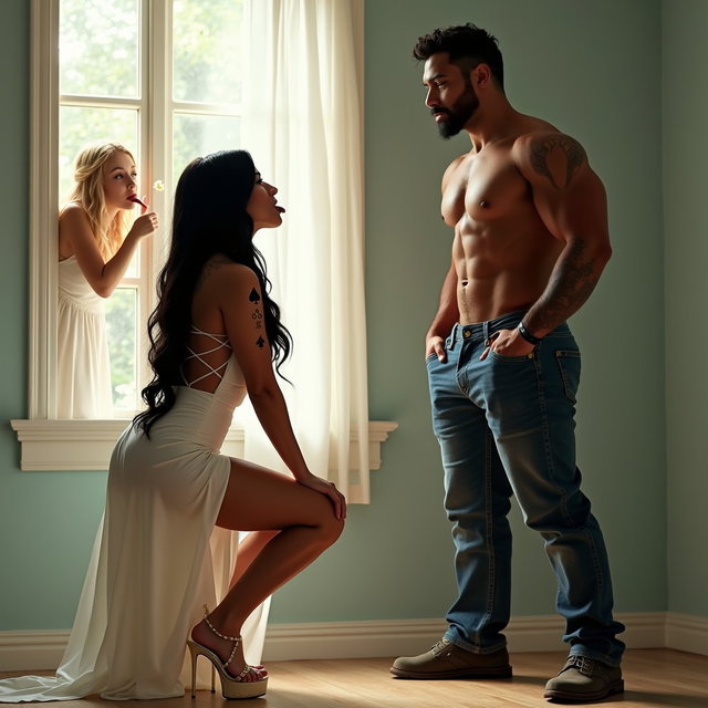 In a playful and daring scene, a light-skinned Mexican woman with wide hips and a curvy figure is portrayed