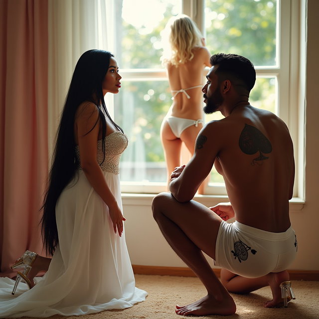 In a lively and intriguing scene, a light-skinned Mexican woman with curvy hips and a thick figure is depicted kneeling provocatively in front of a muscular Black man wearing a bikini, who stands confidently before her