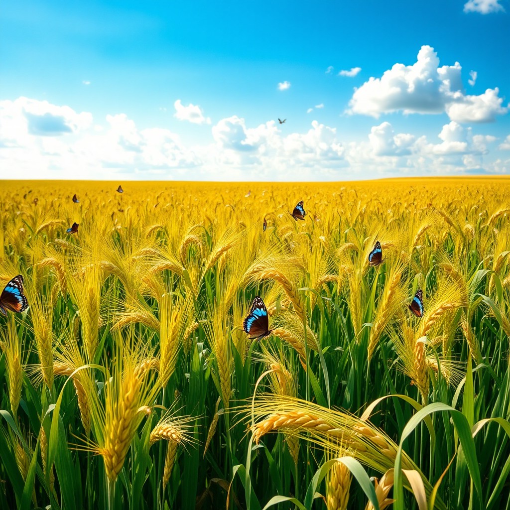 A vast field filled with various forms of carbohydrates, including golden wheat and lush rice plants swaying gently in the breeze