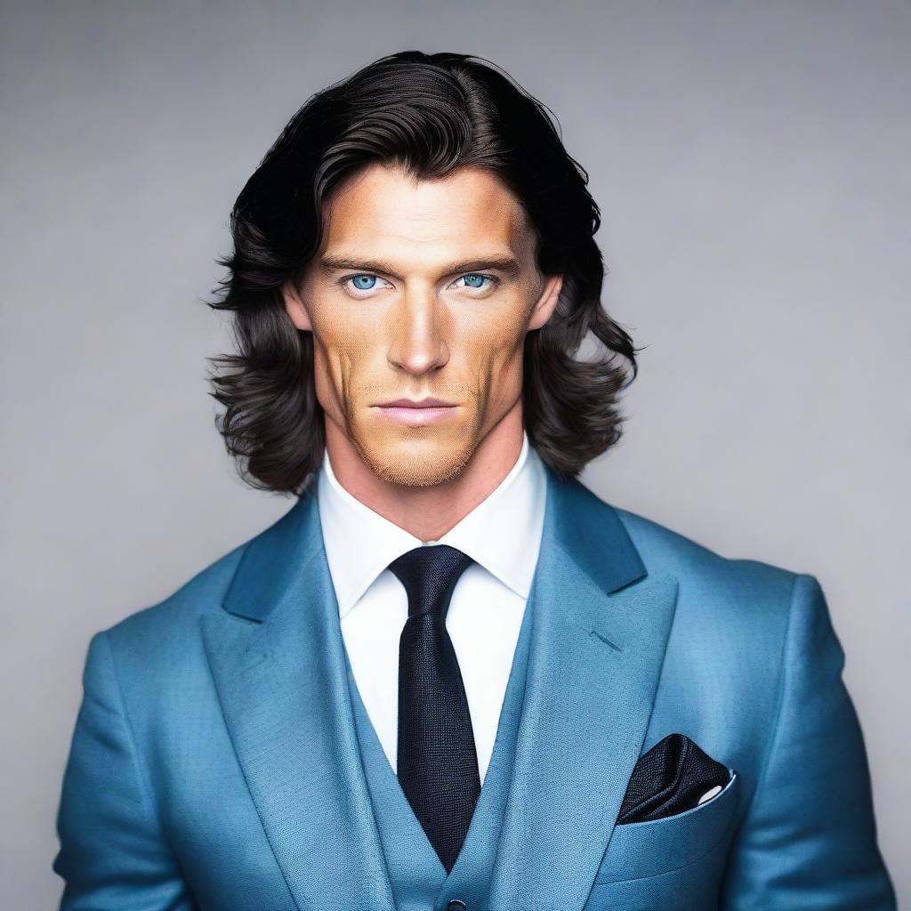 A tall and muscular man with dark blue eyes, white skin, and wavy black hair. He is clad in an elegant suit.