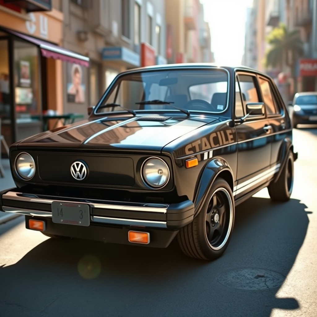 A stunning 1979 VW Brasilia, polished black paint reflecting the surroundings, showcasing sleek lines and classic vintage design