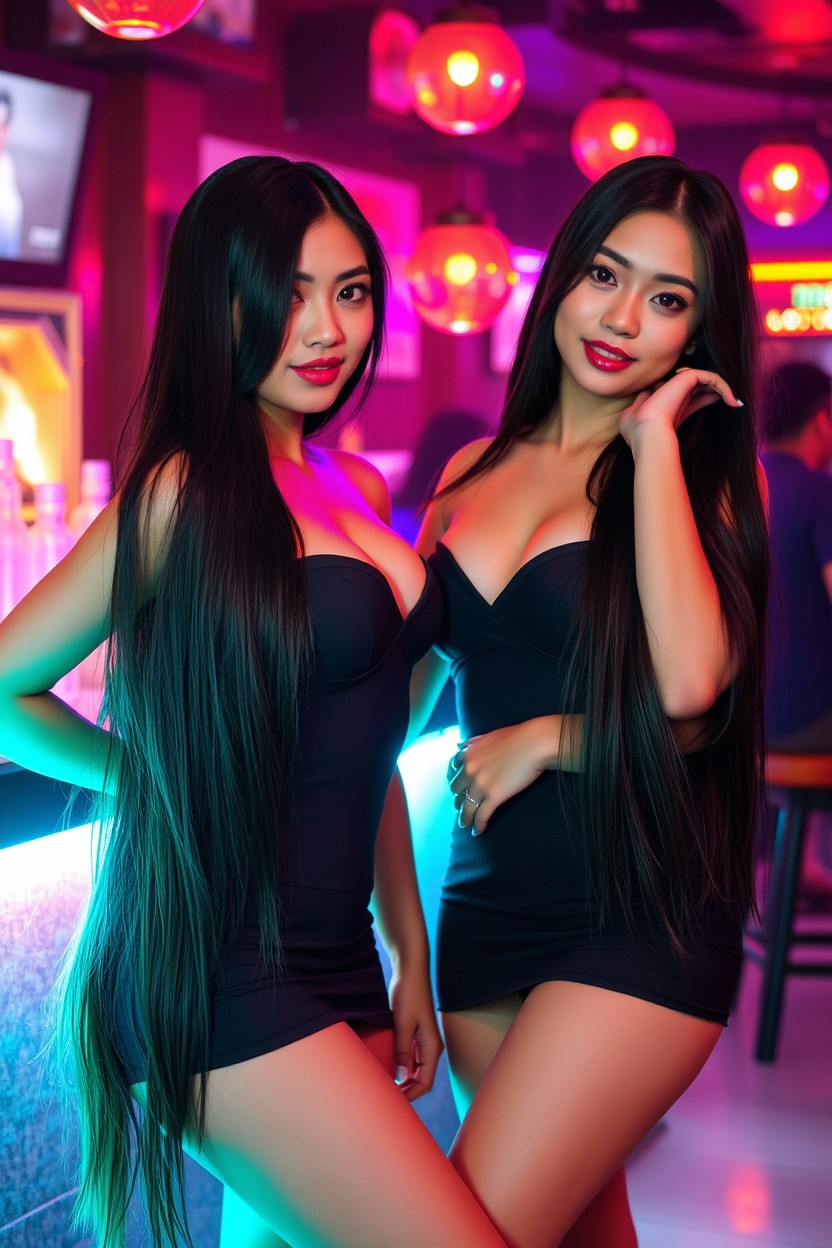 Two beautiful Indonesian women named Dewi, both 24 years old, with long black hair that flows down