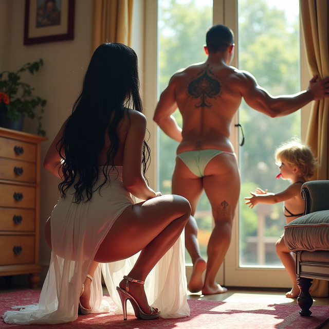 In a lively and flirtatious scene, a light-skinned Mexican woman with wide hips and a curvy figure is depicted