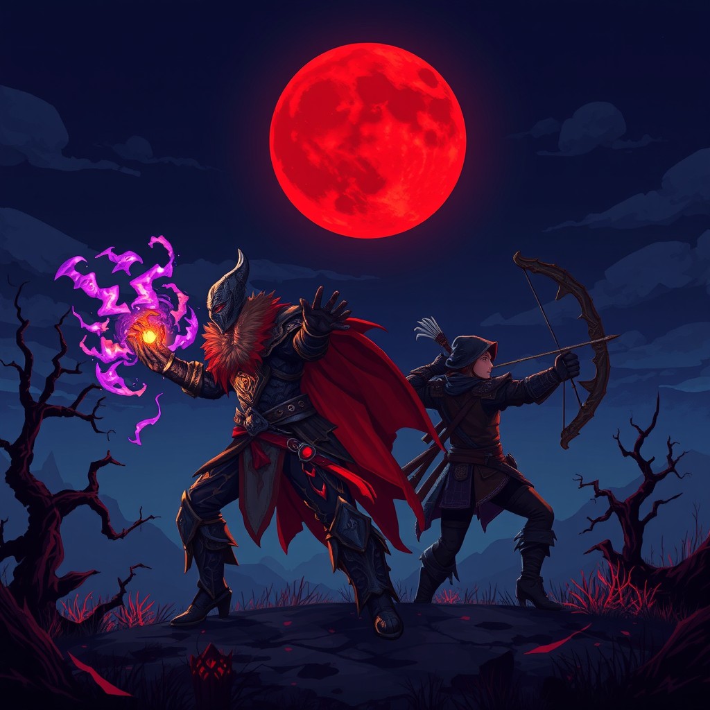 A mystical scene set at night with an eerie blood moon in the sky