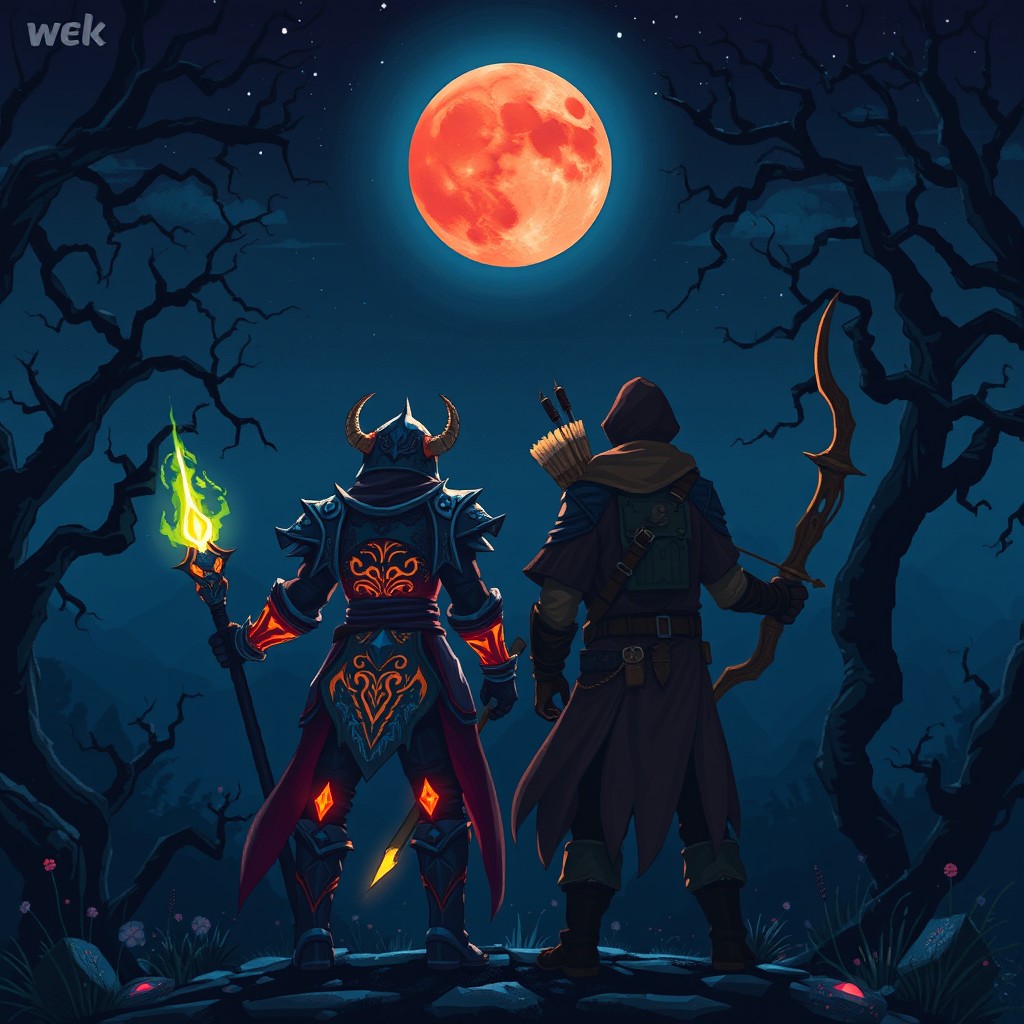 A captivating night scene with a blood moon shining ominously overhead