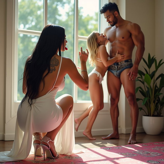 In a playful and vibrant scene, a light-skinned Mexican woman with wide hips and a voluptuous figure is depicted in a provocative crouched position