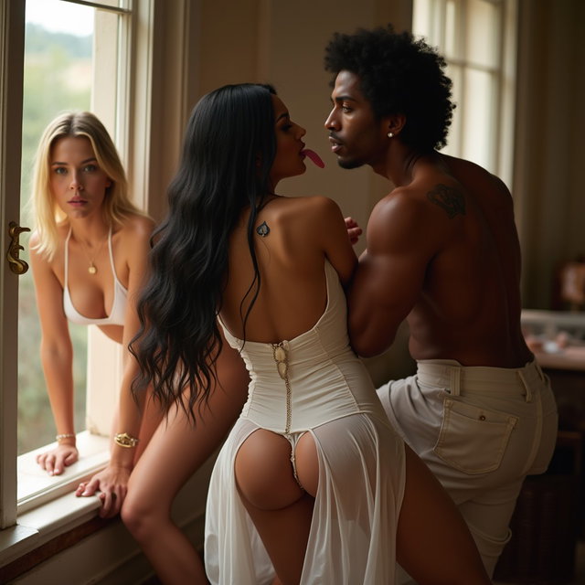 In an intimate and playful setting, a light-skinned Mexican woman with wide hips, a thick build, and strong legs is portrayed in a sultry pose