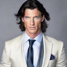 A tall and muscular man with dark blue eyes, white skin, and wavy black hair. He is clad in an elegant suit.