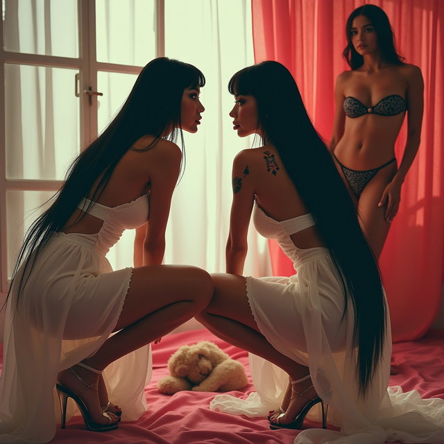 In a vibrant and intriguing scene, a light-skinned Mexican woman with wide hips, a curvaceous figure, and thick legs is featured