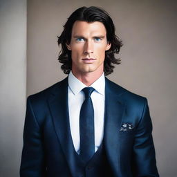 A tall and muscular man with dark blue eyes, white skin, and wavy black hair. He is clad in an elegant suit.