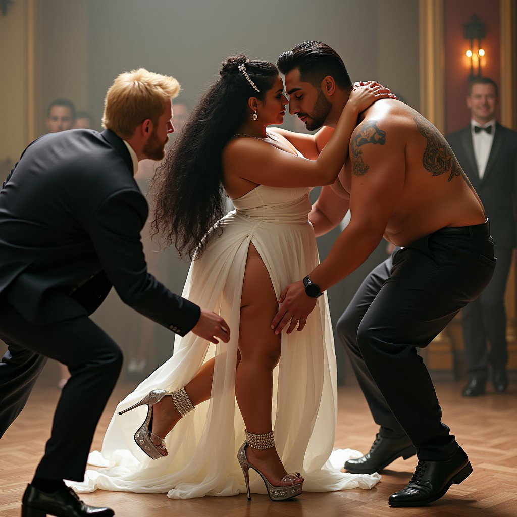 In an exciting scene filled with playful energy, a light-skinned Mexican woman with wide hips and a curvy physique is engaged in a lively Greco-Roman wrestling match