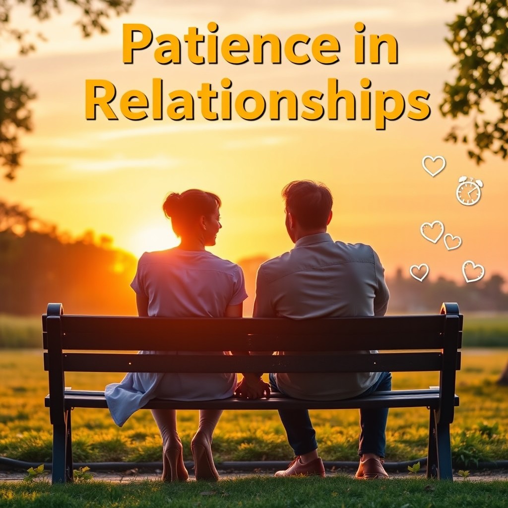 A YouTube thumbnail depicting the theme of patience in relationships, featuring a serene couple sitting on a park bench, holding hands while watching a beautiful sunset