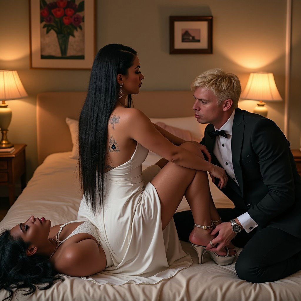 In a vivid and playful scene set in a cozy bedroom, a light-skinned Mexican woman with wide hips and a curvy figure is depicted engaging in Greco-Roman wrestling