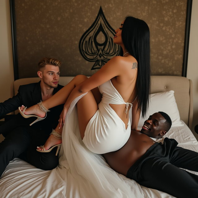 In a playful and striking scene within a bedroom, a light-skinned Mexican woman with wide hips and a curvy figure is featured