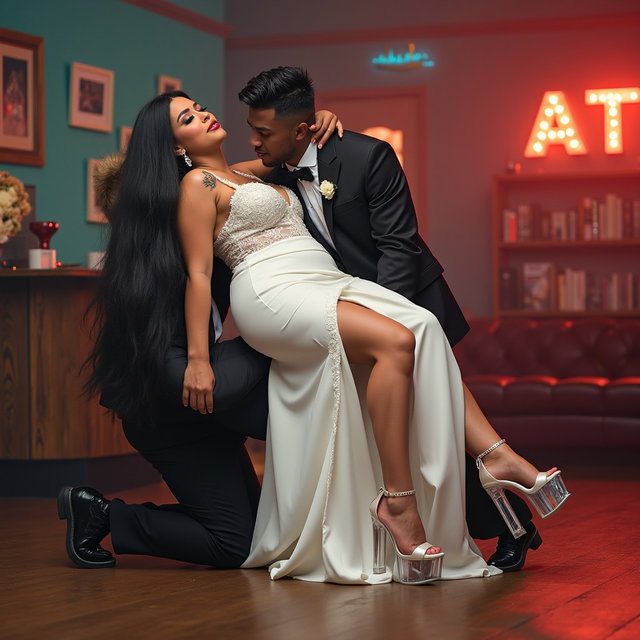 In a lively and intriguing scene, a light-skinned Mexican woman with wide hips, a voluptuous figure, and thick legs takes the spotlight