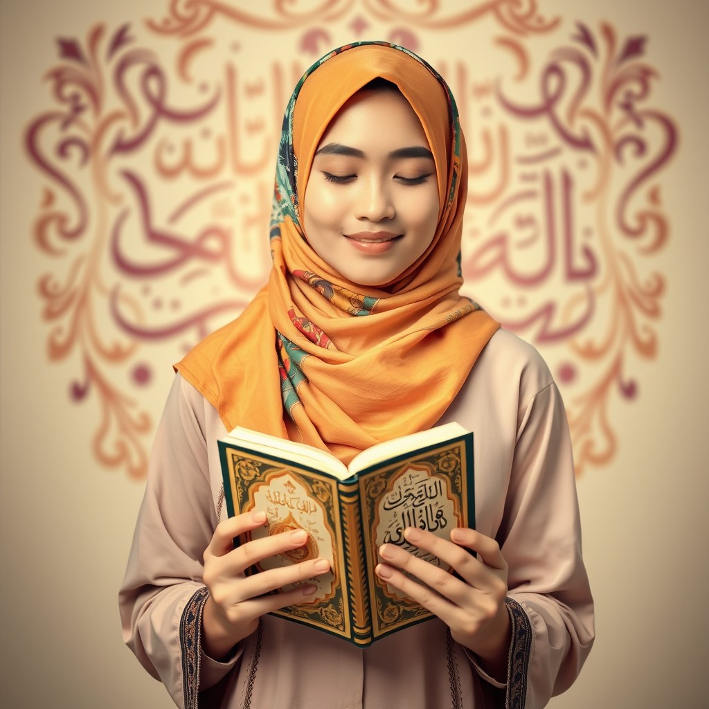A young woman wearing a colorful hijab is standing gracefully with the Quran in her hands