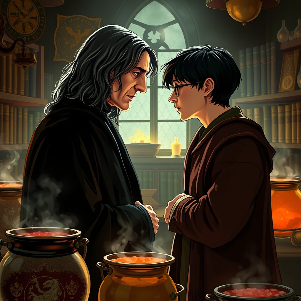 An intimate scene between Severus Snape and Harry Potter, set in a dimly lit potions lab filled with bubbling cauldrons and shelves lined with books