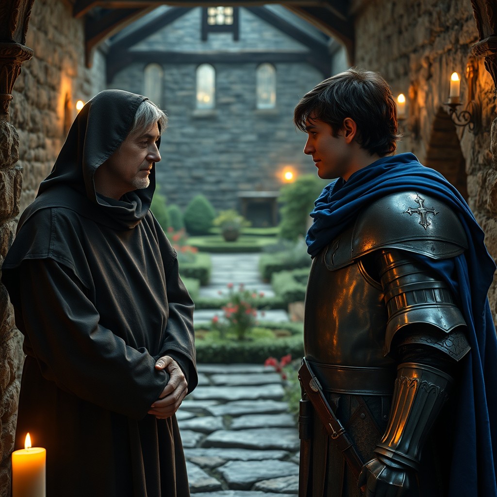 A romantic scene set in 11th century medieval England, depicting Severus Snape as a solemn monk living in a rustic monastery, surrounded by stone walls and flickering candlelight