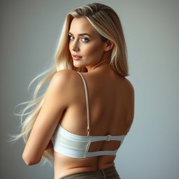 A stunning female model with long, flowing blonde hair, showcasing her light and clean skin