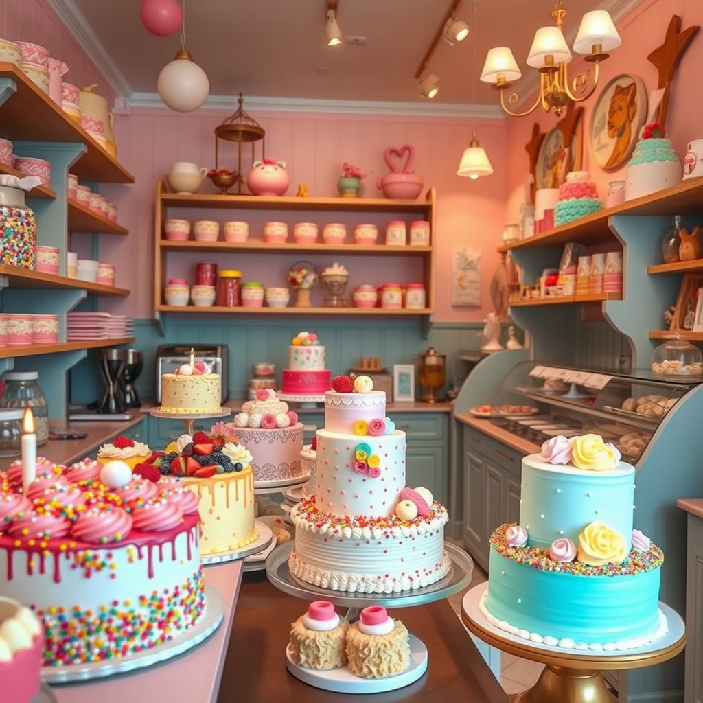 A whimsical cake shop filled with colorful and creative cakes for various occasions, decorated with sprinkles, fresh fruits, and intricate icing designs